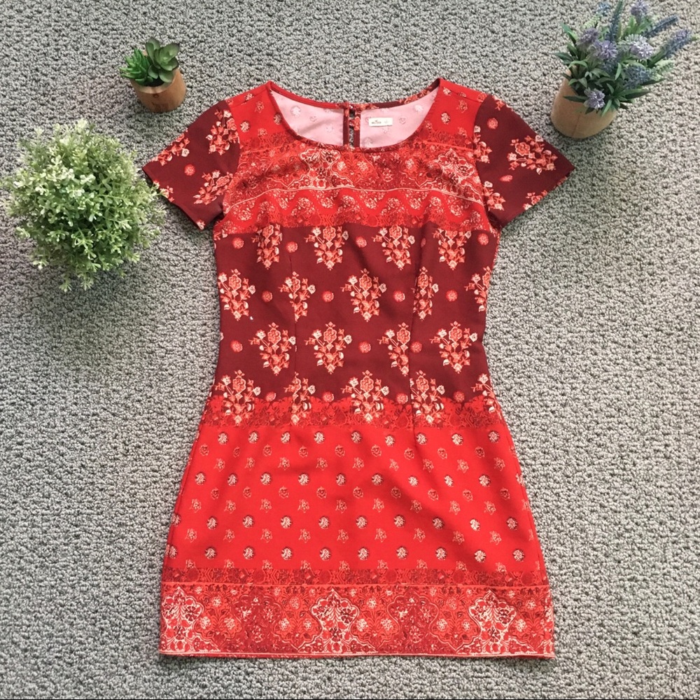 Red Tapestry Print Hollister Mini Dress with zip back and hook-eye closu…
